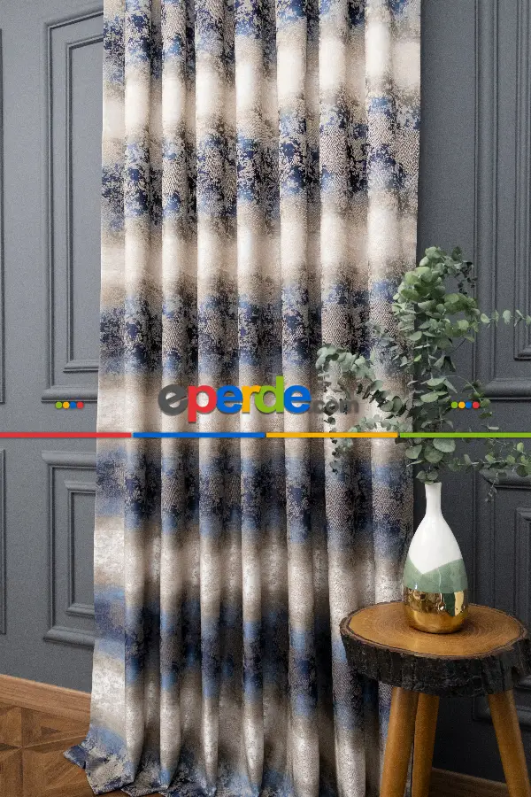 Patinedesenli Gökkuşağı Desen Koyu Lacivert Bej Jakar Fon Perde