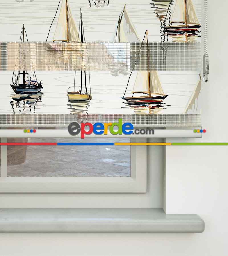 Yelkenli Desen Baskılı Zebra Perde- Çok Renkli