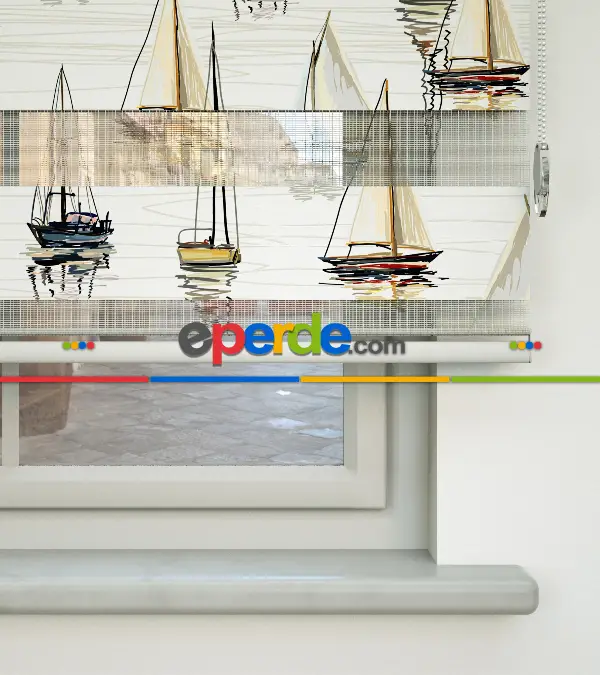 Yelkenli Desen Baskılı Zebra Perde- Çok Renkli