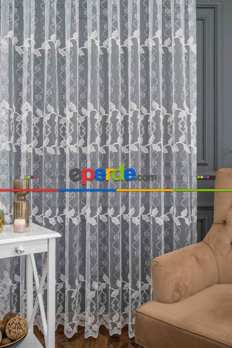 Mutfak Brode Yaprak Desen Tül Perde İşleme Tasarım Model Yeni Tül