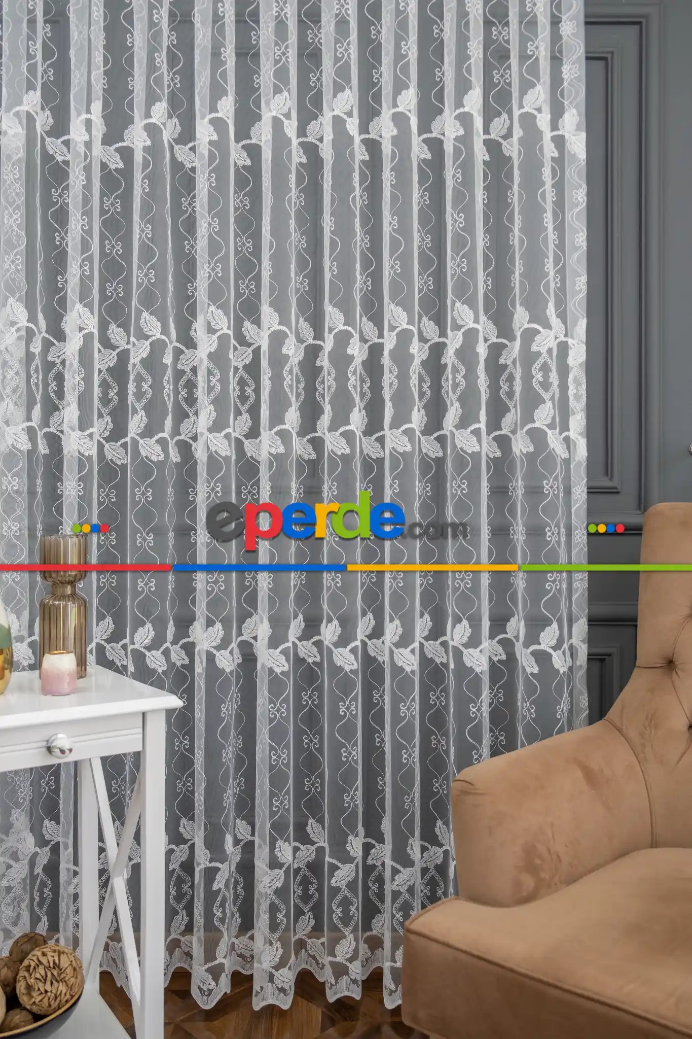 Mutfak Brode Yaprak Desen Tül Perde İşleme Tasarım Model Yeni Tül