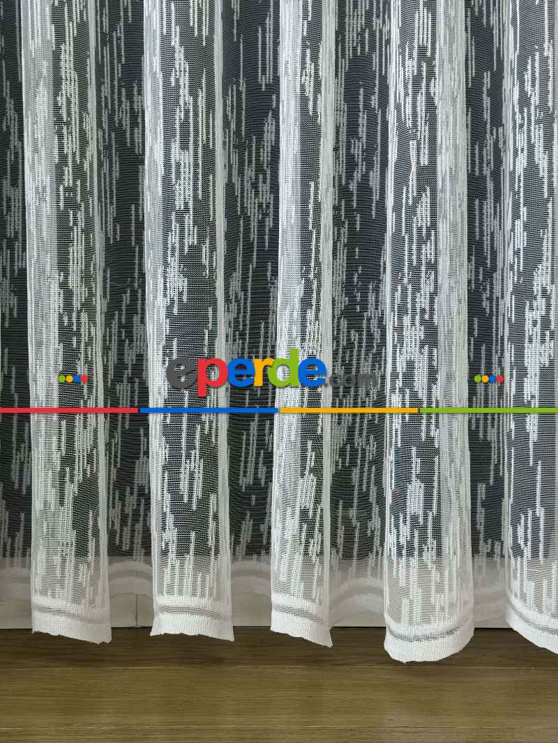 Yatak Odası Ekru Çizgili Modern Desen Örme Tül Perde