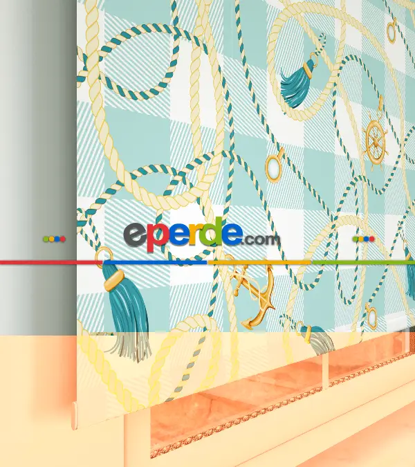 Genç Odası - Denizci Desenli Baskılı Stor Perde- Yeşil-çok Renkli