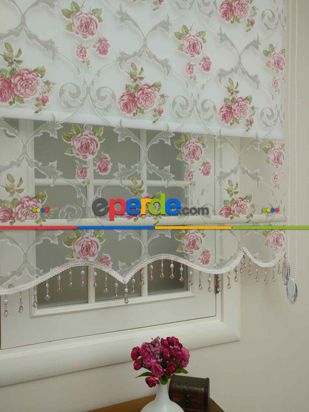 Pembe Çiçek Desenli Çiftli Sistem Tül Stor Perde- Pembe