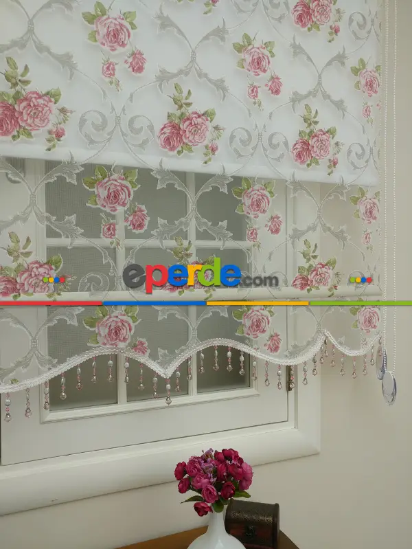 Pembe Çiçek Desenli Çiftli Sistem Tül Stor Perde- Pembe