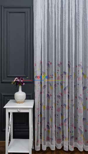 Hazır Ölçülü Petek Zemin Mavi Ve Yeşil Renkli Gökkuşağı Desenli Grek Baskılı Tül Perde