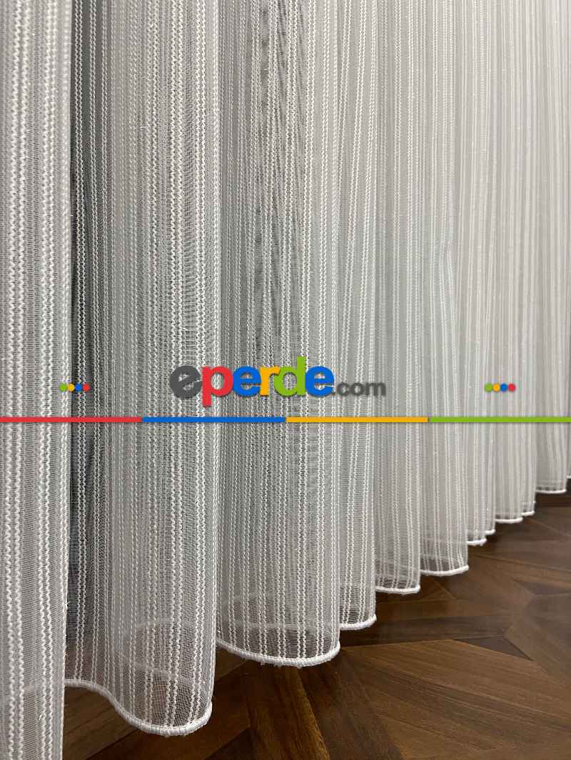 Zincir Tül Boyuna Çift Çizgili Sakallı Tül- Ekru - Kurşunlu Tül