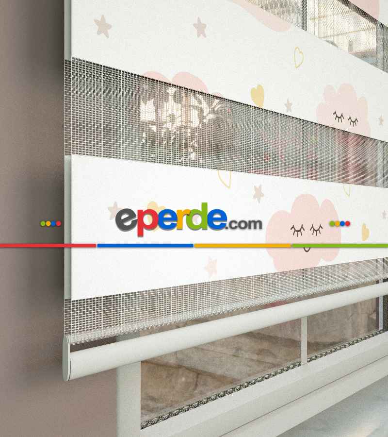 Bulut Desenli Baskılı Zebra Perde- Çok Renkli