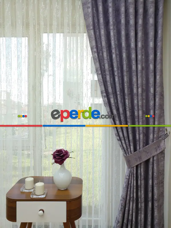 Patinedesenli Lila - Katyonik Jakar Fon Perde- Lila