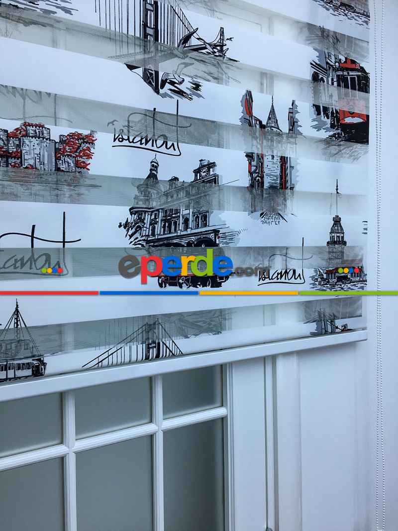 Zebra Perde- İstanbul Baskılı Zebra Perde- Siyah-kırmızı