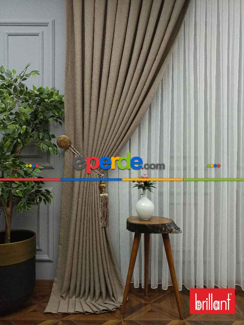 Brillant Keten Açık Camel Neskafe Renk Düz Fon Perde - Açık Camel