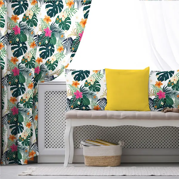 Tropikal Desenli Fon Perde Evim1575 Kumaşı Kalındır Duck Bezi Değildir- Mavi-beyaz