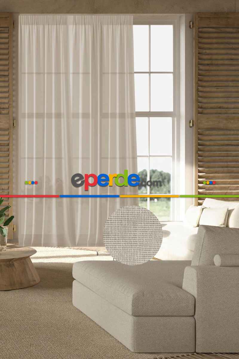 Damla Keten Görünümlü Leno Tül Perde Pilesiz Bej