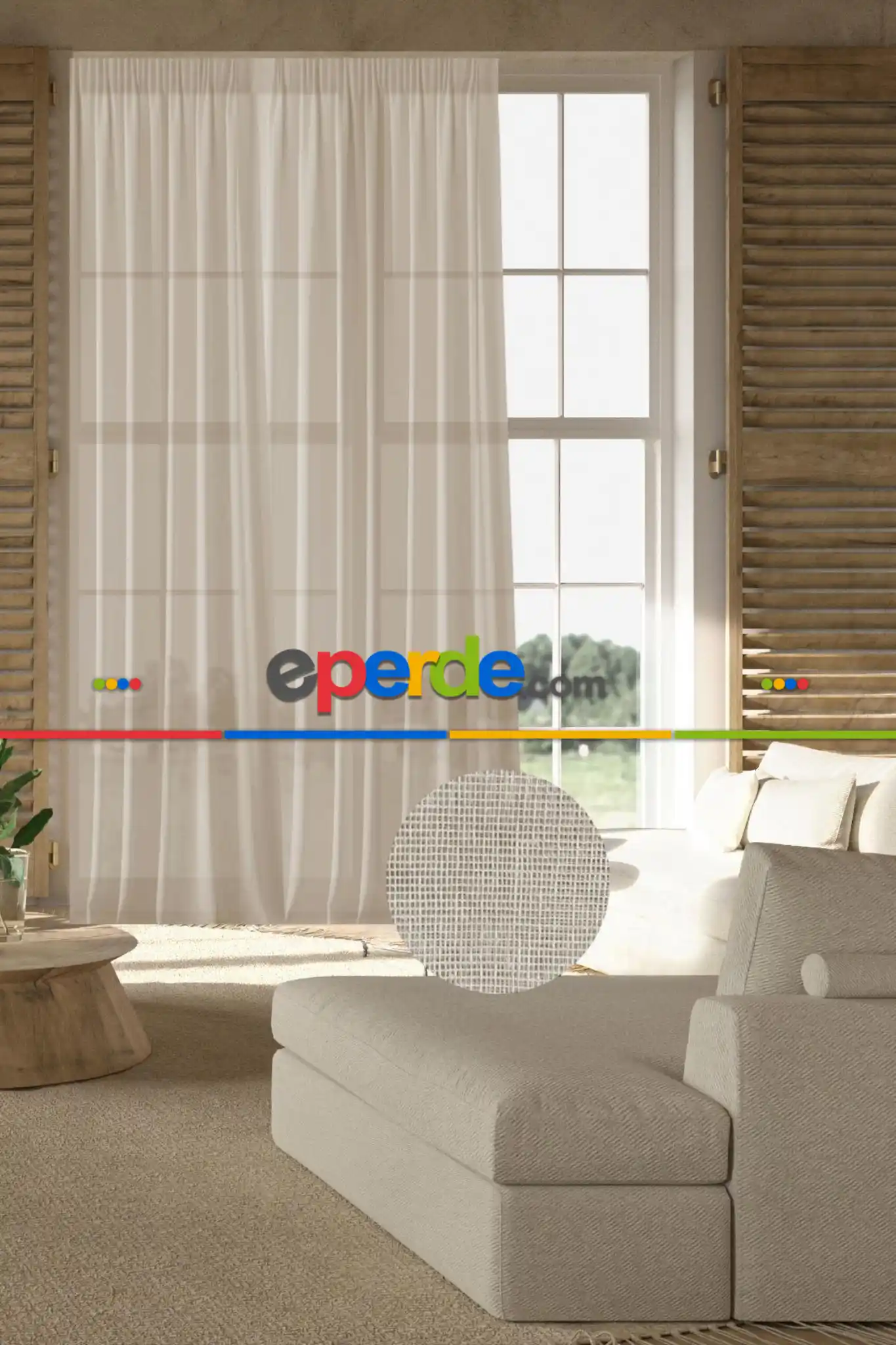 Damla Keten Görünümlü Leno Tül Perde Pilesiz Bej