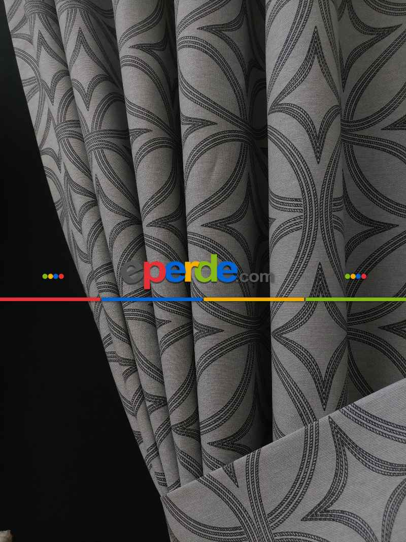 Dairesel Desenli Oturma Odası Fon Perde- Gri-füme-antrasit