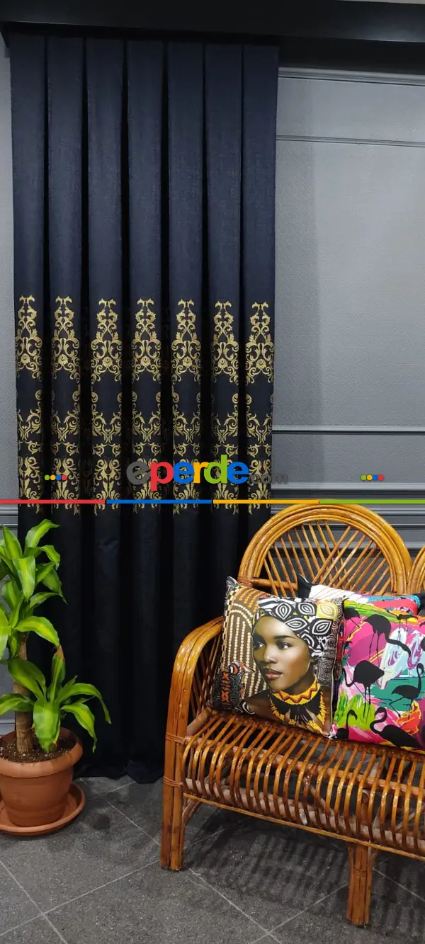 Yatak Odası - Lacivert Damask Desenli, Dokuma Fon Perde, Adet Fiyatıdır, İstediğiniz Boy Ölçüsünde Dikilir, Eni 50 İla 100cm Arası Seçenekler, Sık Piledir 50cm X 1cm 