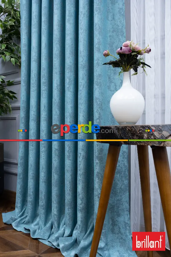 Patinedesenli Brillant Jakar Fon Perde(dökümlü Fon )- Petrol Mavisi