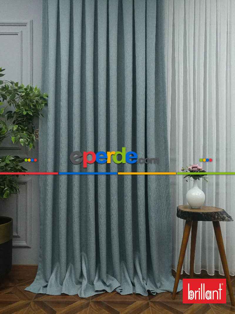 Brillant Keten Açık Havai Mavi Renk Düz Fon Perde - Mavi Doymamış-mint