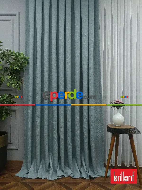 Yatak Odası - Brillant Keten Açık Havai Mavi Renk Düz Fon Perde - Mavi Doymamış-mint