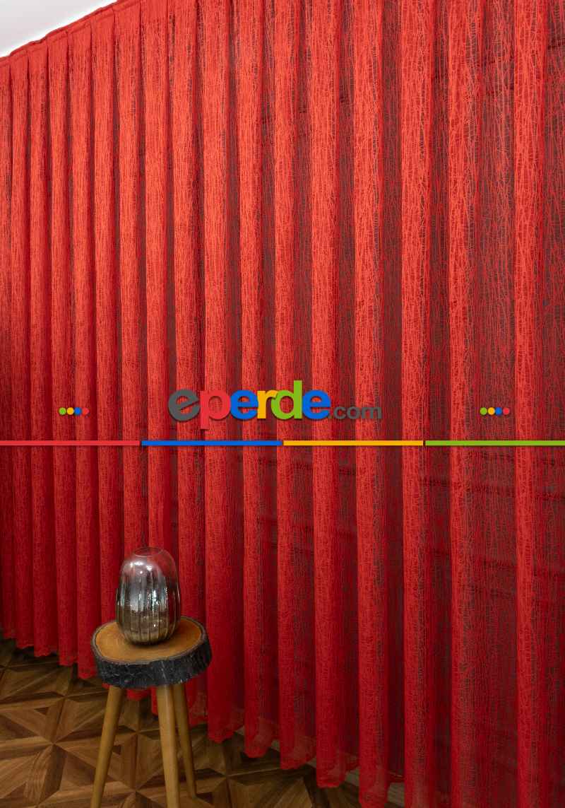 Kırmızı Tül Perde - Cam Kırığı Desen Tül Perde