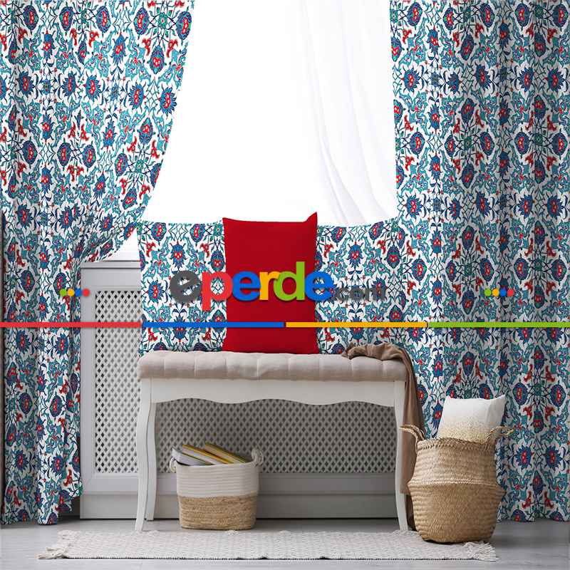 Etnik Desenli Fon Perde Evim306 Kumaşı Kalındır Duck Bezi Değildir- Mavi-beyaz