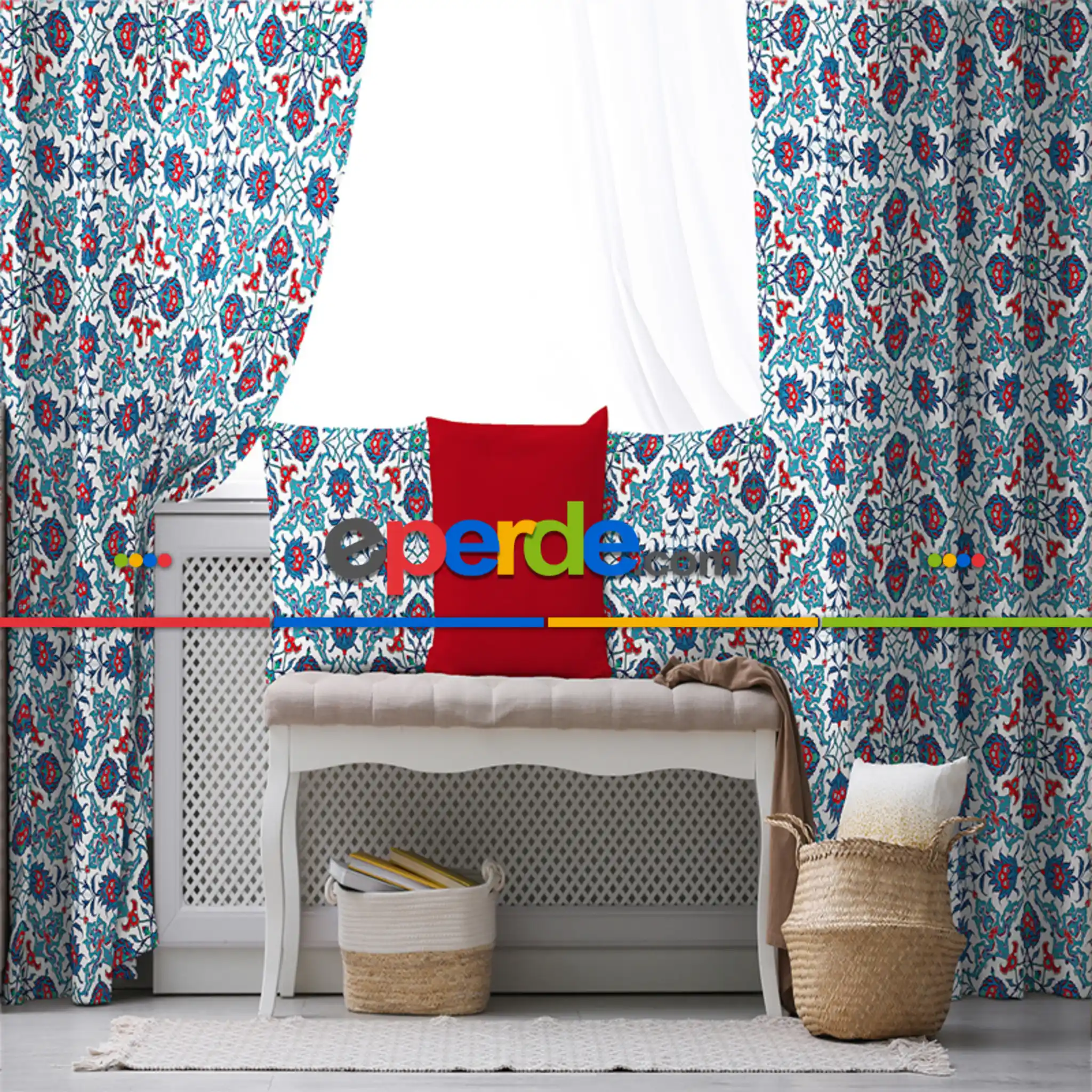 Etnik Desenli Fon Perde Evim306 Kumaşı Kalındır Duck Bezi Değildir- Mavi-beyaz