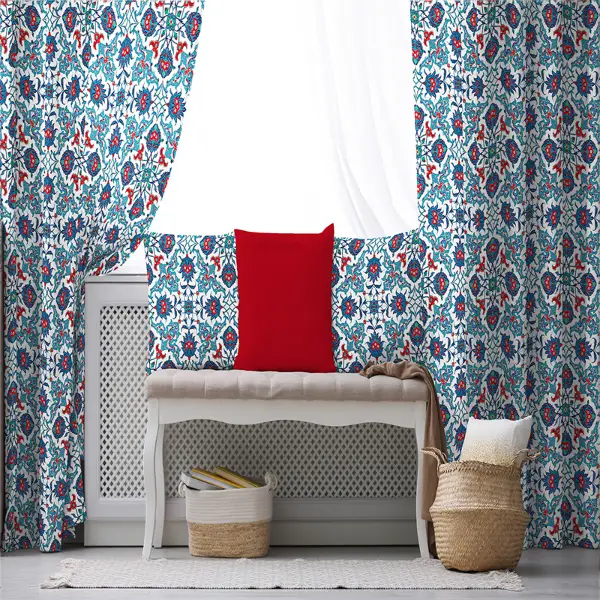 Etnik Desenli Fon Perde Evim306 Kumaşı Kalındır Duck Bezi Değildir- Mavi-beyaz