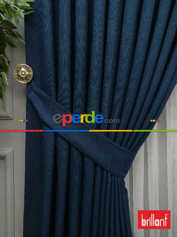 Yatak Odası - Brillant Keten Petrol Mavi Renk Düz Fon Perde - Petrol Mavisi