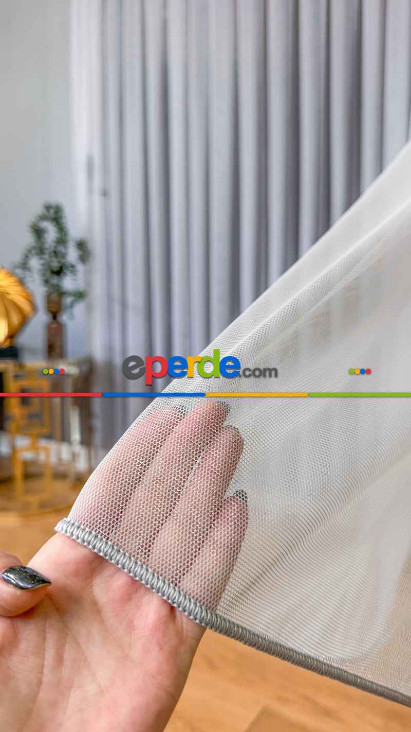 Oturma Odası - Açık Gri Grek Zemin Düz Tül Perde - Kurşunlu