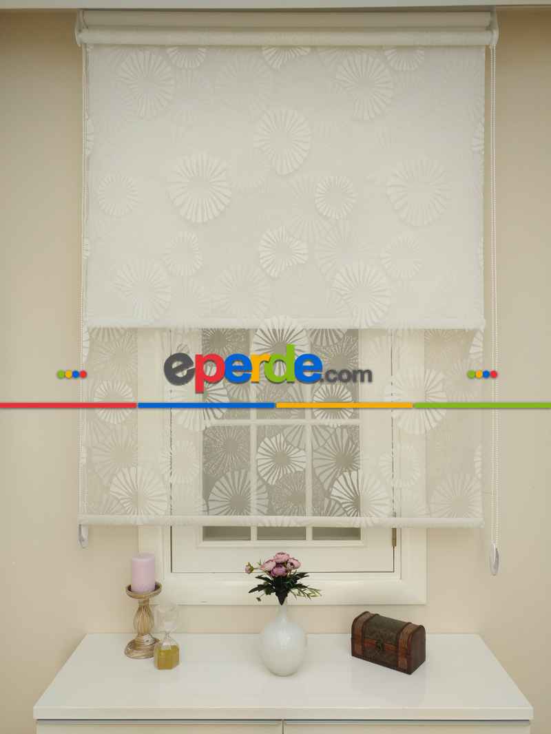 Jakar Örme Tül- Ekru Çiftli Sistem Dantel Desenli Perde- Ekru