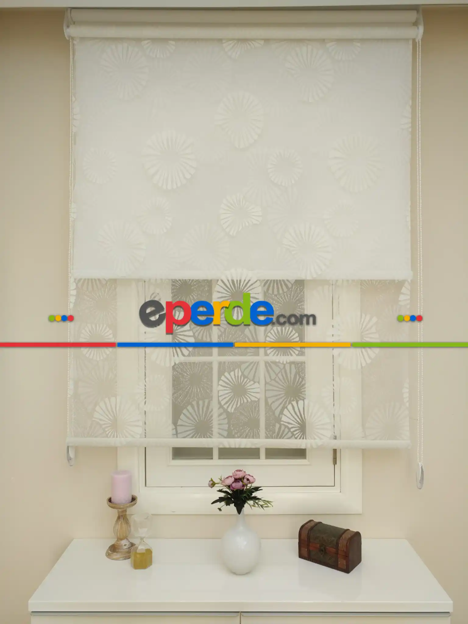 Jakar Örme Tül- Ekru Çiftli Sistem Dantel Desenli Perde- Ekru