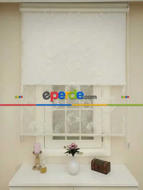 Jakar Örme Tül- Ekru Çiftli Sistem Dantel Desenli Perde- Ekru