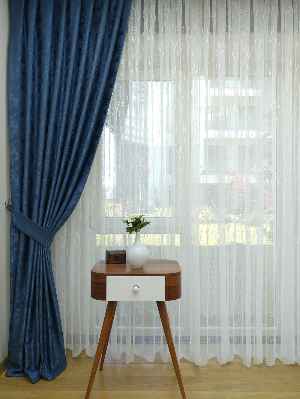 Patinedesenli Lacivert - Katyonik Jakar Fon Perde- Lacivert