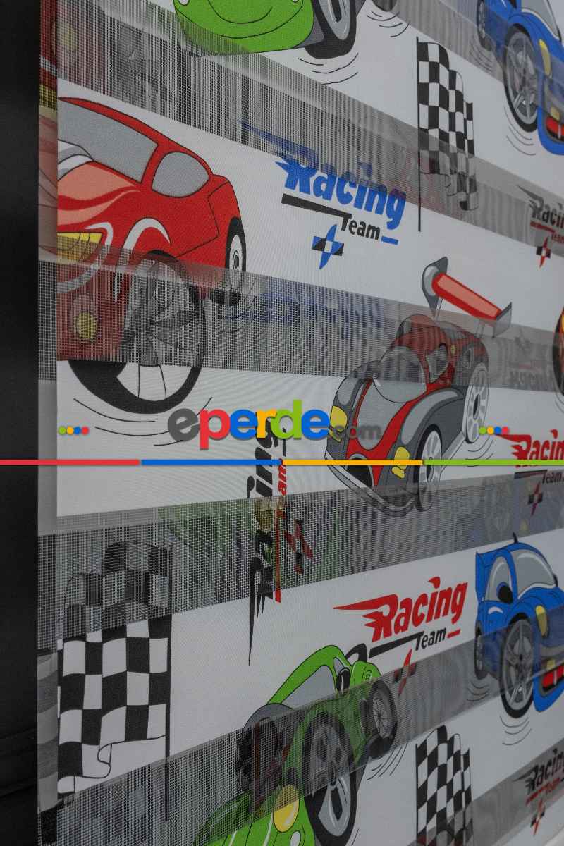 Erkek Çocuk Odası zebra Perde - Dijital Araba Baskılı Zebra Perde - Arabalar Desenli