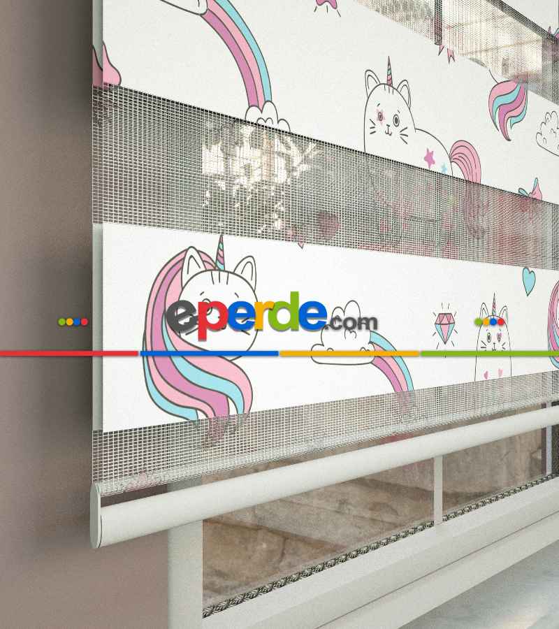 Unicorn Desenli Baskılı Zebra Perde- Çok Renkli