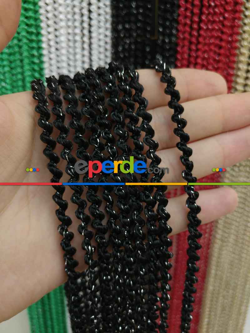 Mutfak İp Perde - Siyah Rengi İp Perde Bukle Serisi- Siyah-gümüş