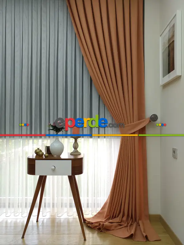 Yatak Odası - Keten Oranj Renk Düz Fon Perde- Turuncu