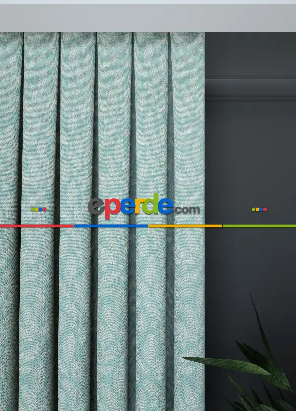 Dökümlü Kumaştan Salon - Geniş En Mint Renkli Yaprak Desen Perde 1. Kalite