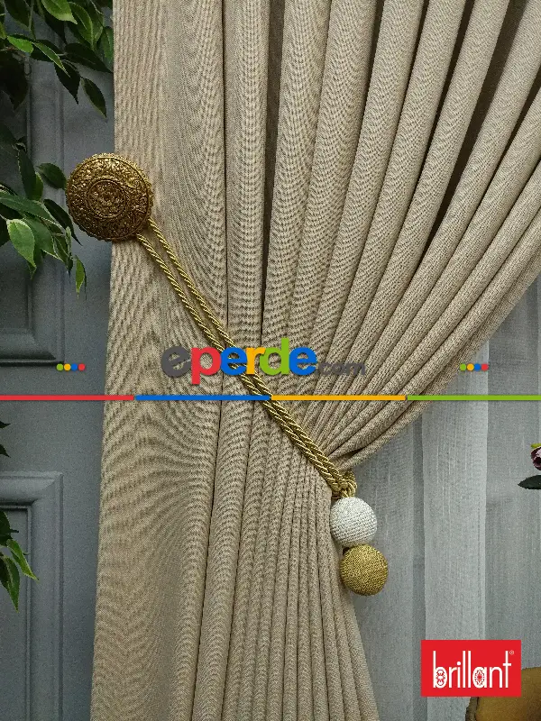 Yatak Odası - Brillant Keten Koyu Krem Renk Düz Fon Perde - Krem Koyu