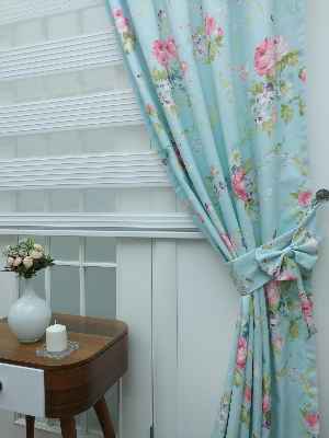 Mutfak Perdesi Kanat Fon Perde Çiçek Desenli Fiyonklu- Yeşil