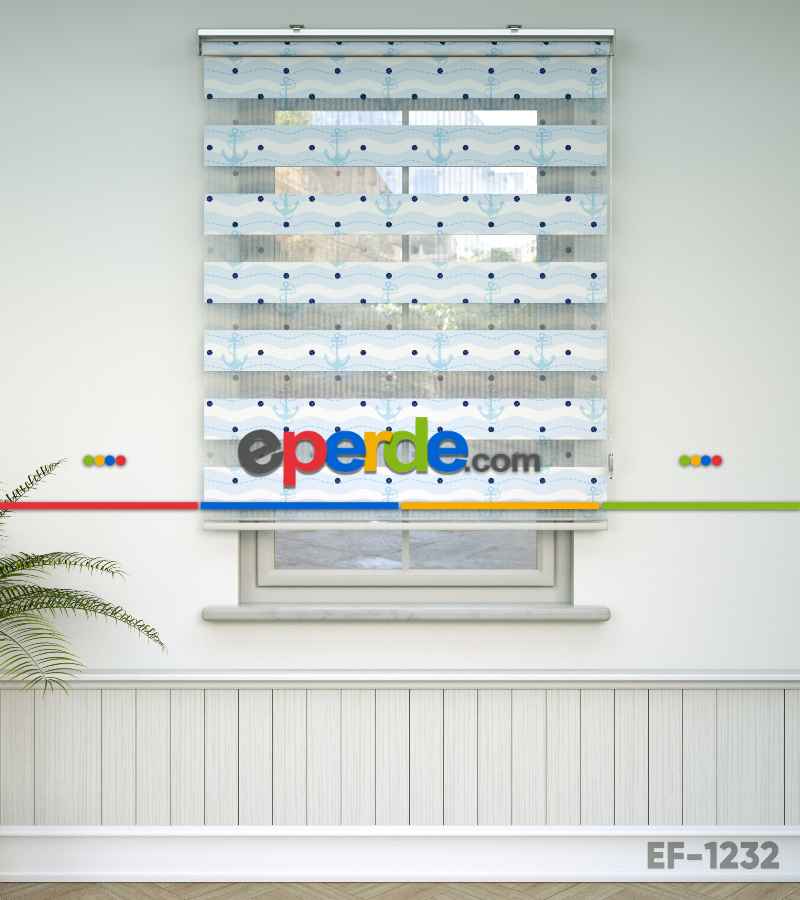 Çocuk Odası Zebra Perde - Çapa Baskılı Zebra Perde- Lacivert-Mavi-Beyaz