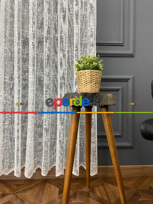 Tül Perde - Salon/Yatak Odası - Fransız Dantel 2025 - Spor Desenli Tül Perde - Ekru Açık Krem