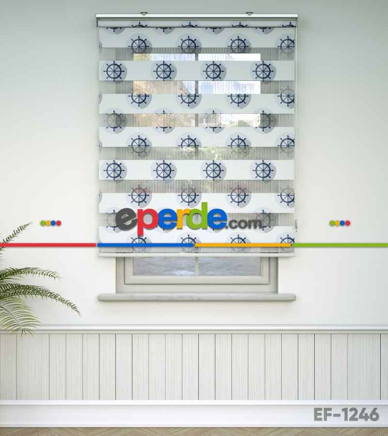 Çocuk Odası Zebra Perde - Dümen Baskılı Zebra Perde- Lacivert-Beyaz-Gri Açık