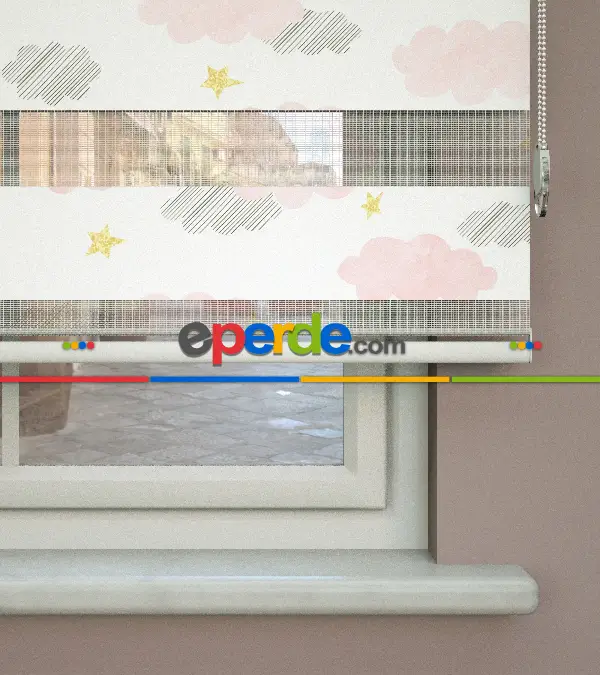 Bulut Desenli Baskılı Zebra Perde- Çok Renkli