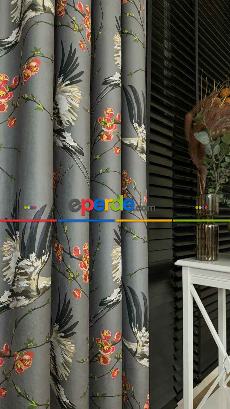 Genç Odası Antrasit Gri Çiçek Kuş Desenli İthal Kadife Fon Perde - Premium Kalite Serisi Ağır Gramajlı