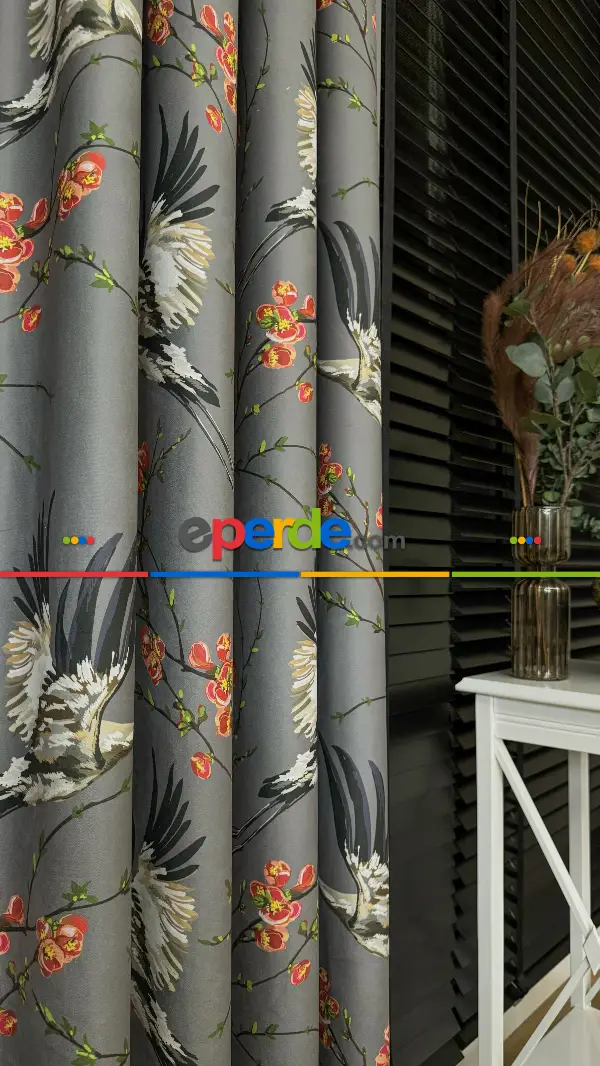 Antrasit Gri Çiçek Kuş Desenli İthal Kadife Fon Perde - Premium Kalite Serisi Ağır Gramajlı