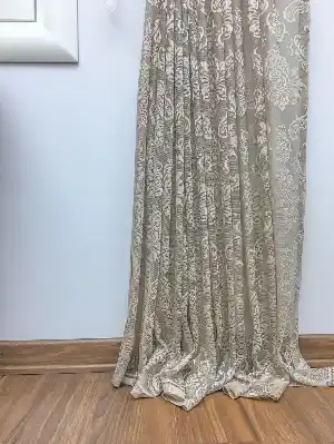 Dantel Damask Desen Tül Fon Perde - Bej- Bej