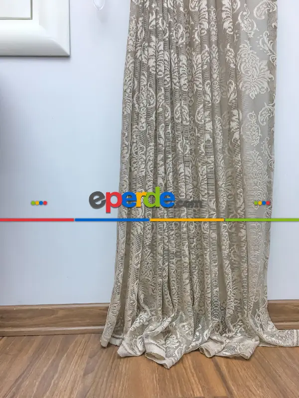 Dantel Damask Desen Tül Fon Perde - Bej- Bej