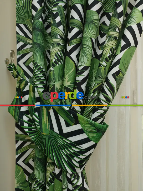 Tropikal Yaprak Desenli Fon Perde - Kumaşı Kalındır Duck Bezi Değildir- Siyah-Yeşil-Beyaz