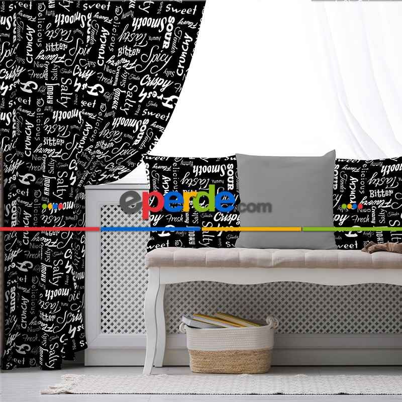 Siyah Yazılı Desenli Fon Perde Evim271 Kumaşı Kalındır Duck Bezi Değildir- Mavi-beyaz